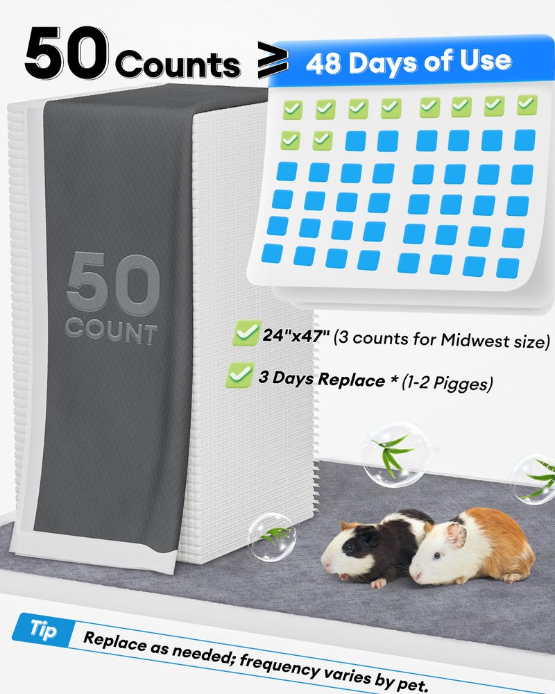 BUCATSTATE 50 Count Disposable Guinea Pig Cage Liners, Super Absorbent Guinea Pig Bedding, Bamboo Charcoal Odor Control Pee Pads for Rabbits, Ferrets and Small Animals (18''x24'') - Image 4