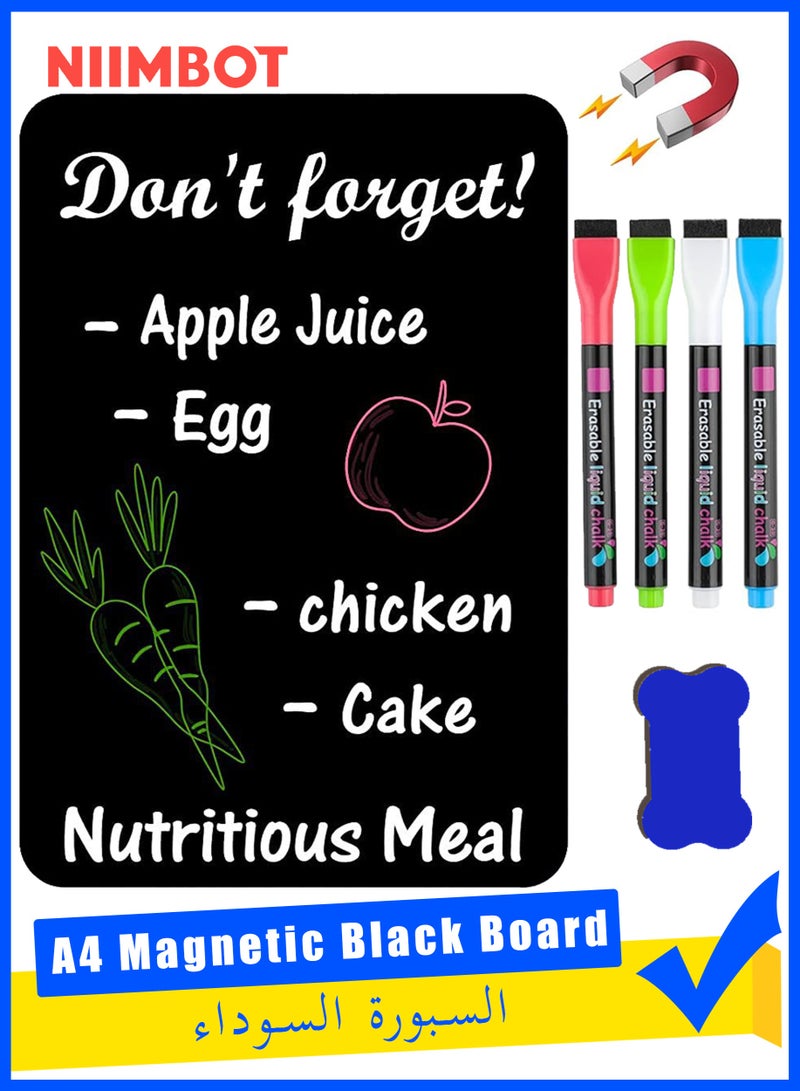 NIIMBOT A4 Magnetic BlackBoard Dry Erase Black Board Sheet for Refrigerator, 29.7×21cm Fridge Magnetic Whiteboard for Kitchen, Fridge Shopping List for Family Planner and Grocery List, 4 Chalk MarkersMagnetic Black Dry Erase Board Sheet for Refrigerator  - Image 1