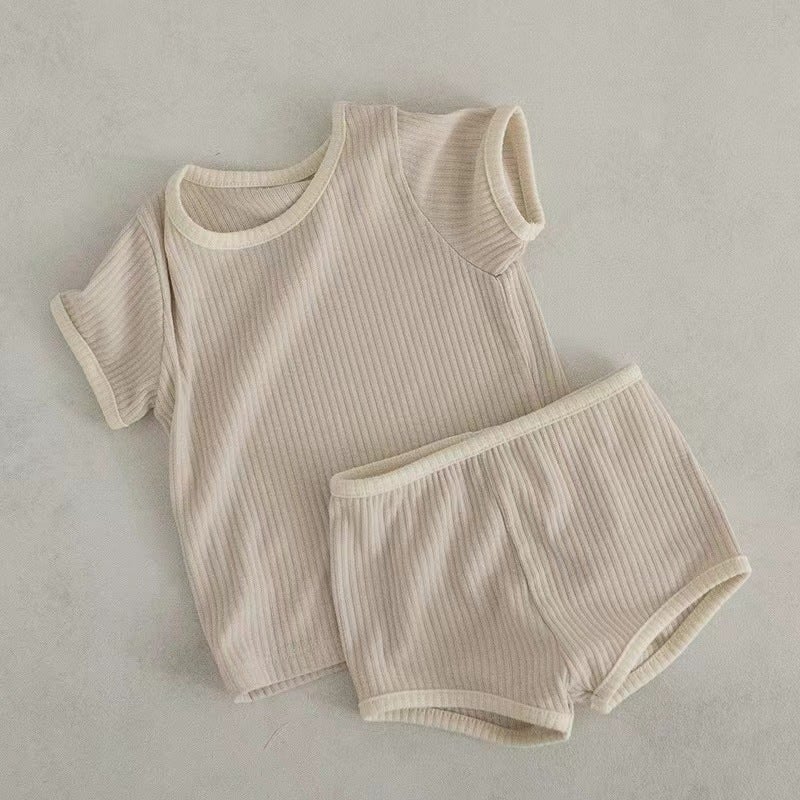 Korean Ins Solid Candy Edge Tee Shorts Set Light gray 