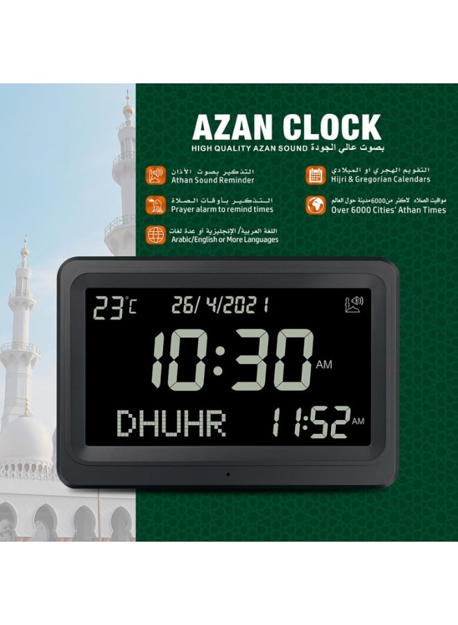 الفاتحة ساعة أذان مع 8 أصوات أذان، متعددة اللغات، تقويم، شاشة LED لصلاة المسلمين، المنزل، المكتب، ديكور المسجد (أسود) - Image 4
