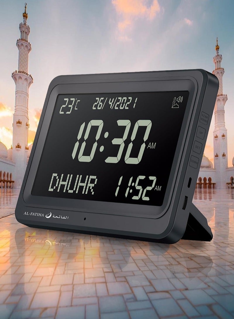 الفاتحة ساعة أذان مع 8 أصوات أذان، متعددة اللغات، تقويم، شاشة LED لصلاة المسلمين، المنزل، المكتب، ديكور المسجد (أسود) - Image 1