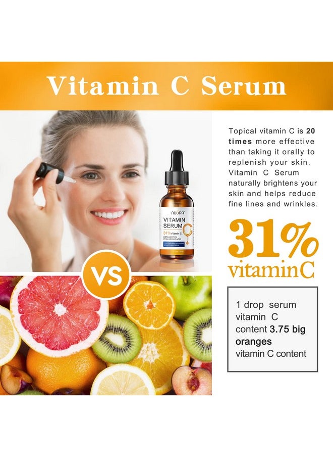 NUSPA - Organic Vitamin C Serum For Face 31% Vitamin C Facial Serum Anti Aging Serum Reduces Age Spots Face Dark Spots Sun Damage Skin Brightening Facial Serums With Hyaluronic Acid And Astaxanthin - Image 1