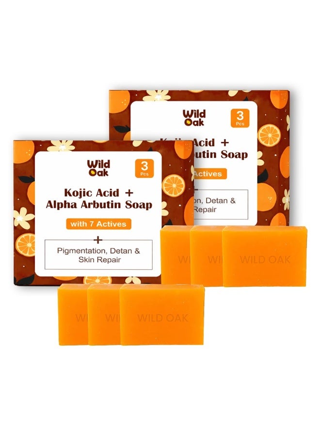 WILD OAK WildOak Brightening & DeTan Body Soap | Pack of 2 x 3 pcs | Cold Pressed Premium Soap for Gentle Exfoliation, Dark Spots & Pigmentation Repair with Kojic Acid, Alpha Arbutin, Niacinamide & Vitamin C - Image 1