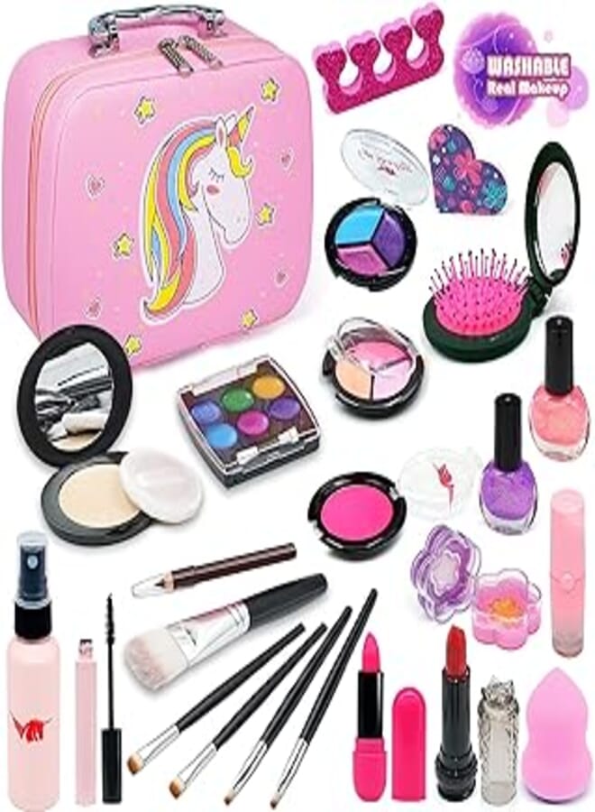 Kids Makeup Kit for Girls - 33 Pcs Washable Real Makeup Set for Kids, Children Makeup Kit for Little Girls, Pretend Play Makeup Toy with Adorable Makeup Bag for Girl Aged 3 4 5 6 7 8