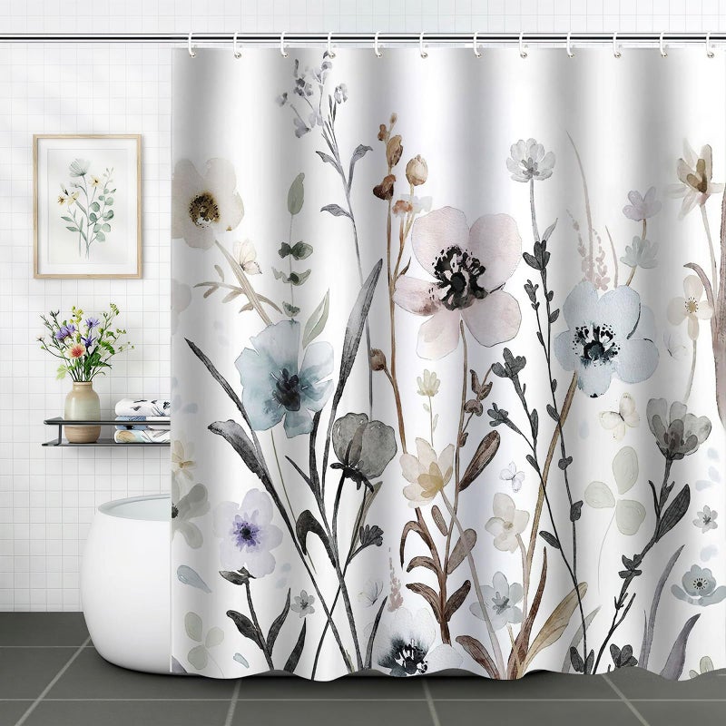 ZCHOMI Grey Pink Blue Floral Shower Curtain Watercolor Flower Shower Curtains for Bathroom Waterproof Polyester Fabric Bathroom Curtain 72 x 72 Inch with 12 Plastic Hook - Image 3