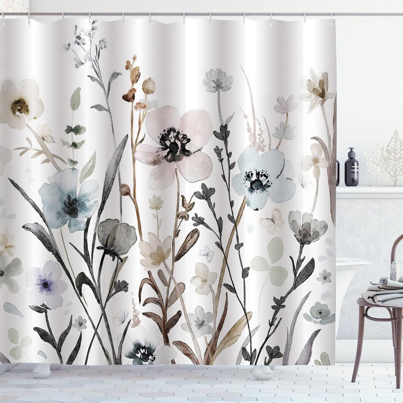 ZCHOMI Grey Pink Blue Floral Shower Curtain Watercolor Flower Shower Curtains for Bathroom Waterproof Polyester Fabric Bathroom Curtain 72 x 72 Inch with 12 Plastic Hook - Image 2