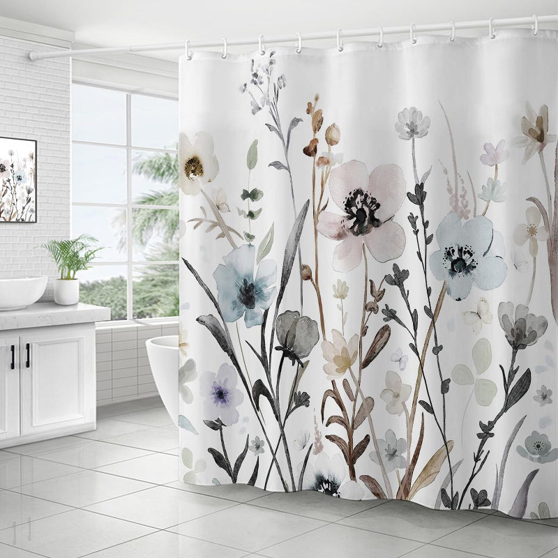 ZCHOMI Grey Pink Blue Floral Shower Curtain Watercolor Flower Shower Curtains for Bathroom Waterproof Polyester Fabric Bathroom Curtain 72 x 72 Inch with 12 Plastic Hook - Image 1