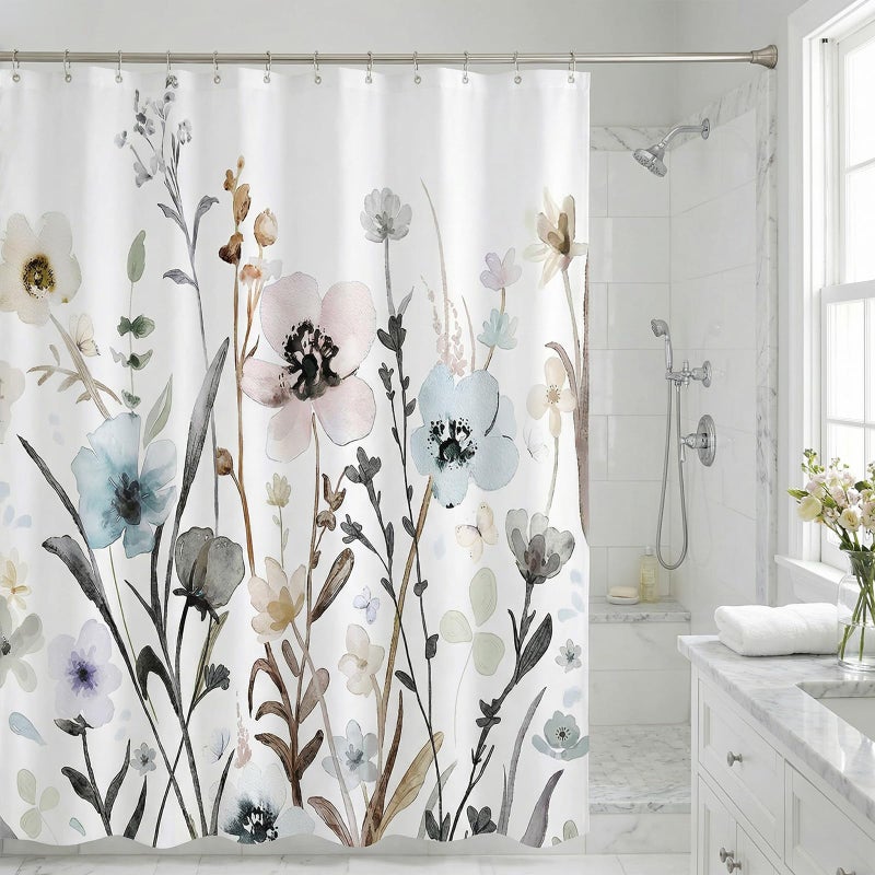 ZCHOMI Grey Pink Blue Floral Shower Curtain Watercolor Flower Shower Curtains for Bathroom Waterproof Polyester Fabric Bathroom Curtain 72 x 72 Inch with 12 Plastic Hook - Image 4