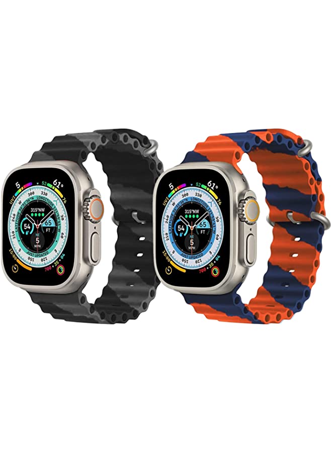 IAF Silicone Ocean Band Strap for Apple Watch Ultra 8 49mm Black/Gray Double Line Strap with Orange/Blue Double Line Strap Set of 2