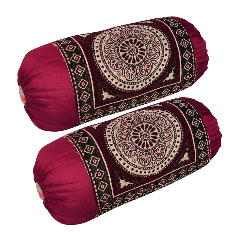 HSR Collection Chenille Bolster Pillow Cover Set of 2, Round Pillow Cover Set of 2-32 x 16 inches | Maroon - Image 2