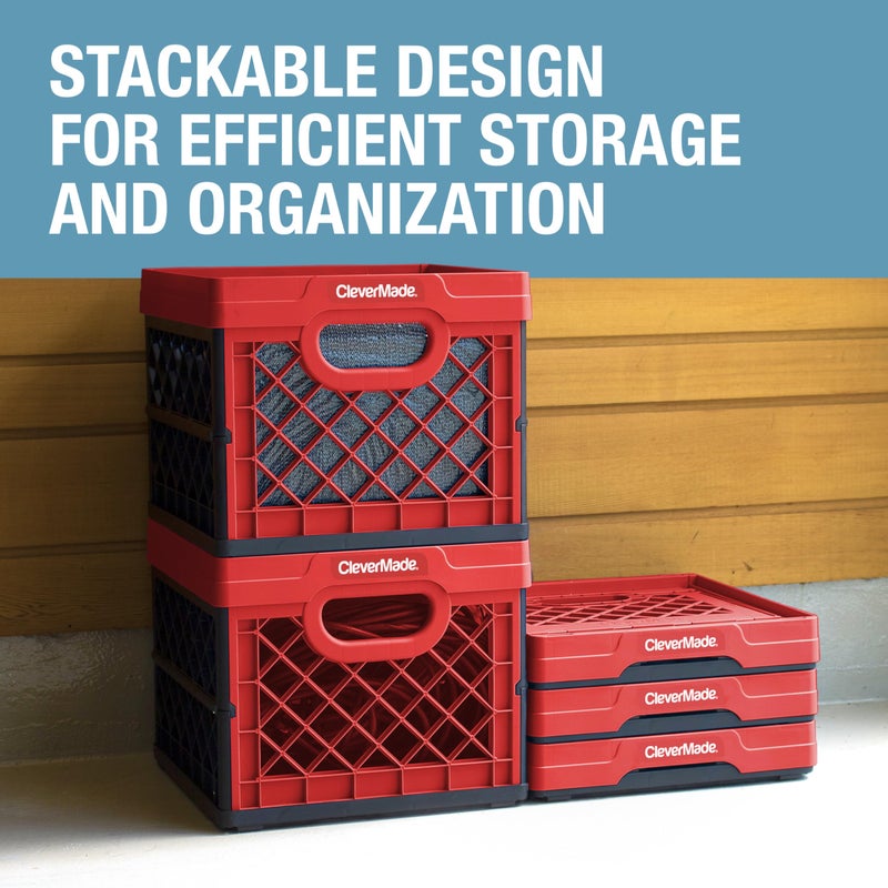 CleverMade Collapsible Milk Crate 25L (6.6 Gal), 50 lb Capacity Heavy Duty Folding Crate â€“ Stackable Storage Crates with File Rails, Plastic Collapsible Crates - Red - Image 5