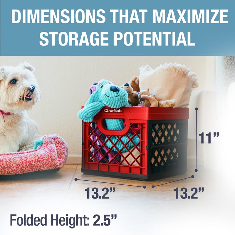 CleverMade Collapsible Milk Crate 25L (6.6 Gal), 50 lb Capacity Heavy Duty Folding Crate â€“ Stackable Storage Crates with File Rails, Plastic Collapsible Crates - Red - Image 4