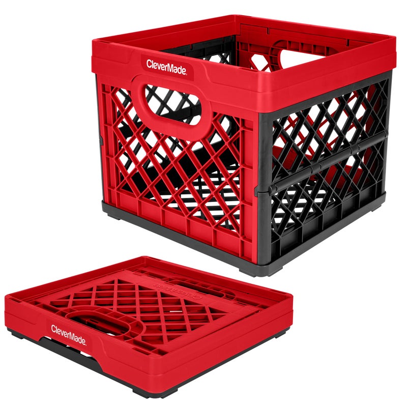 CleverMade Collapsible Milk Crate 25L (6.6 Gal), 50 lb Capacity Heavy Duty Folding Crate â€“ Stackable Storage Crates with File Rails, Plastic Collapsible Crates - Red - Image 1
