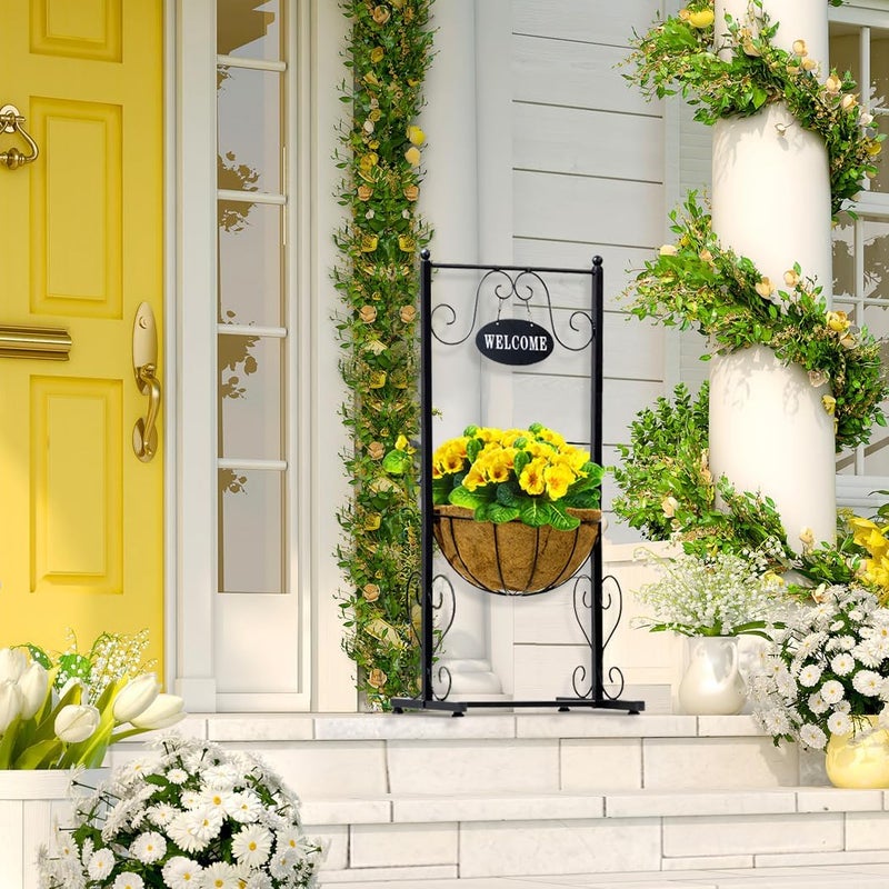 Sorbus Welcome Planter Basket Stand with Coco Liner, Stylish Flower, Plant, and Outdoor Décor for Home, Garden, Patio, Deck, Black Metal - Image 2