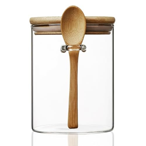 MOLADRI 15 oz/450 ml Glass Storage Canister with with Airtight Lid, Cute Clear Decorative Container Jar with Wooden Spoon for Coffee Spice Candy Salt Cookie Condiment Sugar Matcha Tea Overnight Oats - Image 1