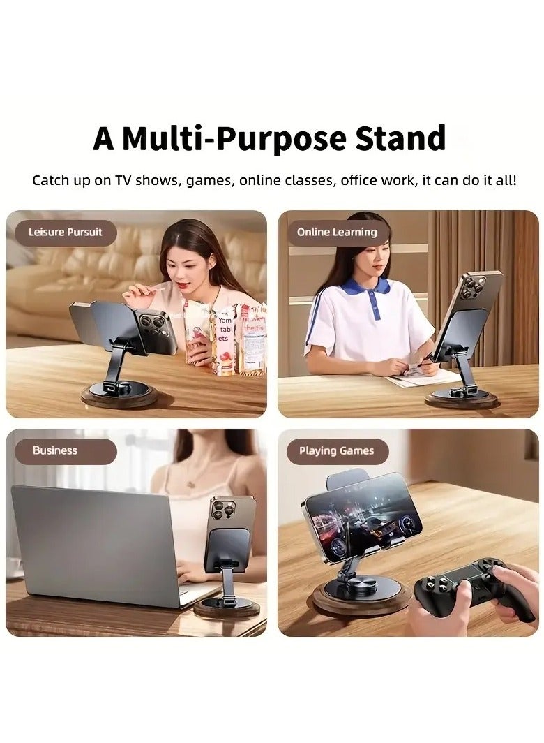 360° Rotating Phone Stand with Walnut Wood Base – Adjustable Foldable Tablet Holder for Desk, Universal Anti-Slip Metal Stand for Smartphones & iPads, Portable for Office, Home, Video Calls - Image 2
