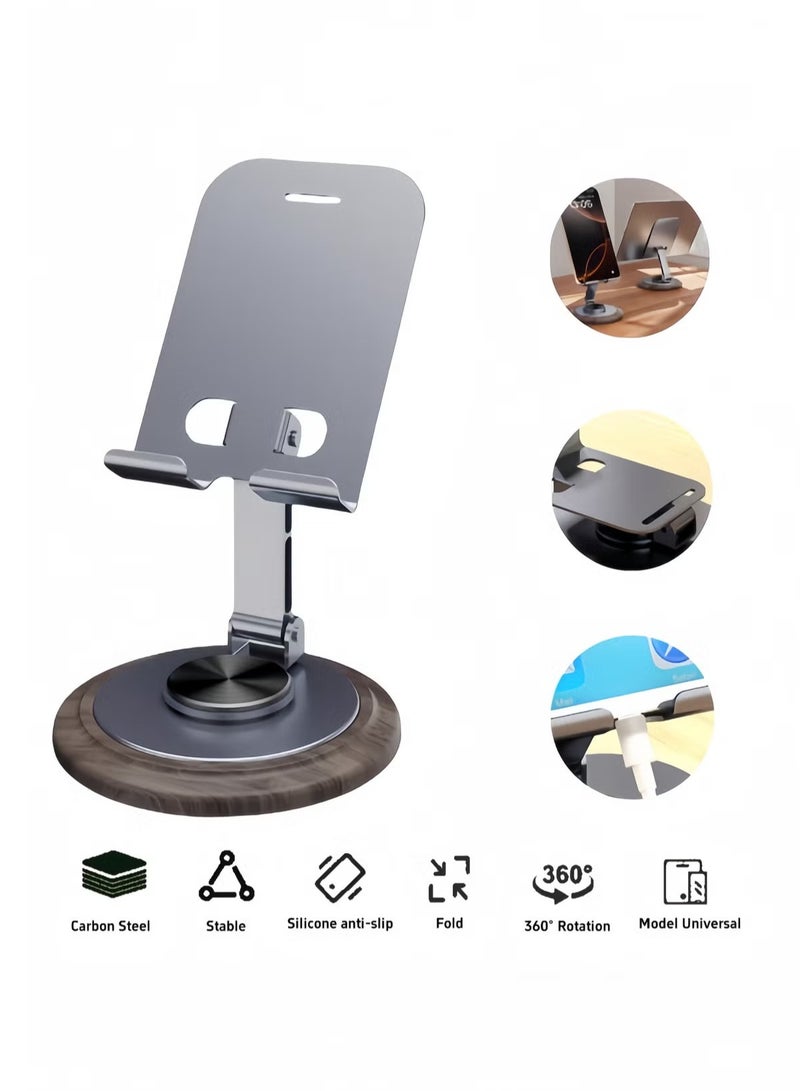 360° Rotating Phone Stand with Walnut Wood Base – Adjustable Foldable Tablet Holder for Desk, Universal Anti-Slip Metal Stand for Smartphones & iPads, Portable for Office, Home, Video Calls - Image 3