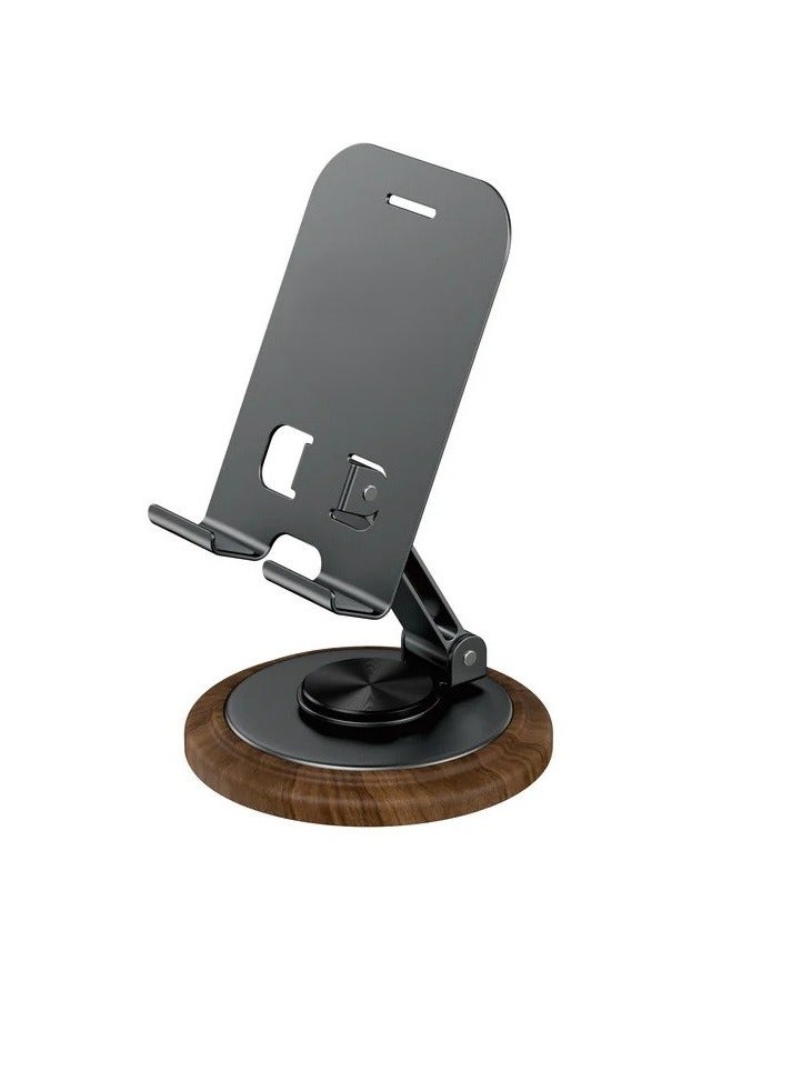 360° Rotating Phone Stand with Walnut Wood Base – Adjustable Foldable Tablet Holder for Desk, Universal Anti-Slip Metal Stand for Smartphones & iPads, Portable for Office, Home, Video Calls - Image 1