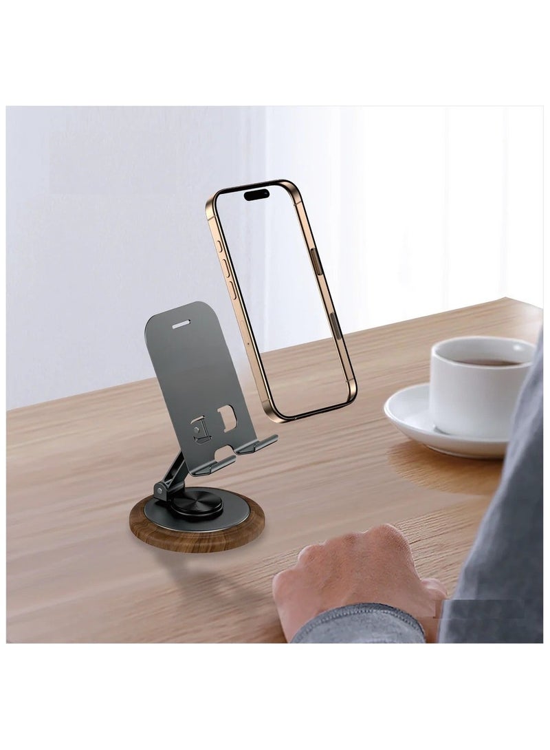 360° Rotating Phone Stand with Walnut Wood Base – Adjustable Foldable Tablet Holder for Desk, Universal Anti-Slip Metal Stand for Smartphones & iPads, Portable for Office, Home, Video Calls - Image 4