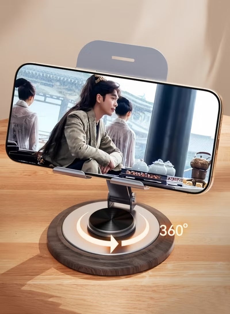 360° Rotating Phone Stand with Walnut Wood Base – Adjustable Foldable Tablet Holder for Desk, Universal Anti-Slip Metal Stand for Smartphones & iPads, Portable for Office, Home, Video Calls - Image 5