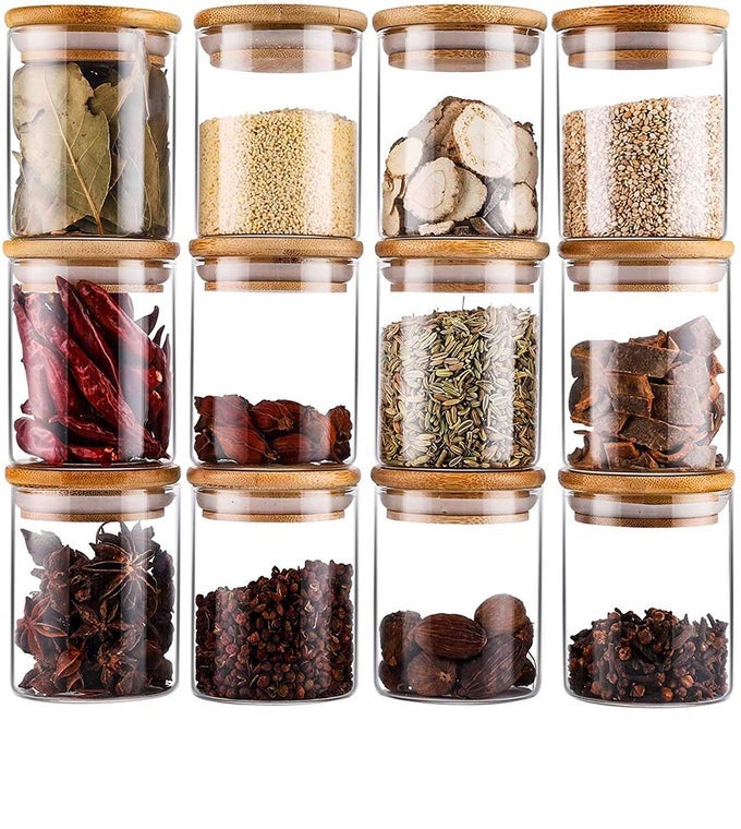 12PC AIRTIGHT GLASS JARS SET 250ML SMALL SPICE STORAGE CONTAINERS SET WITH BAMBOO LID KITCHEN SPICE CANISTER JARS FOR CINNAMON HERBS CUMIN SPICES