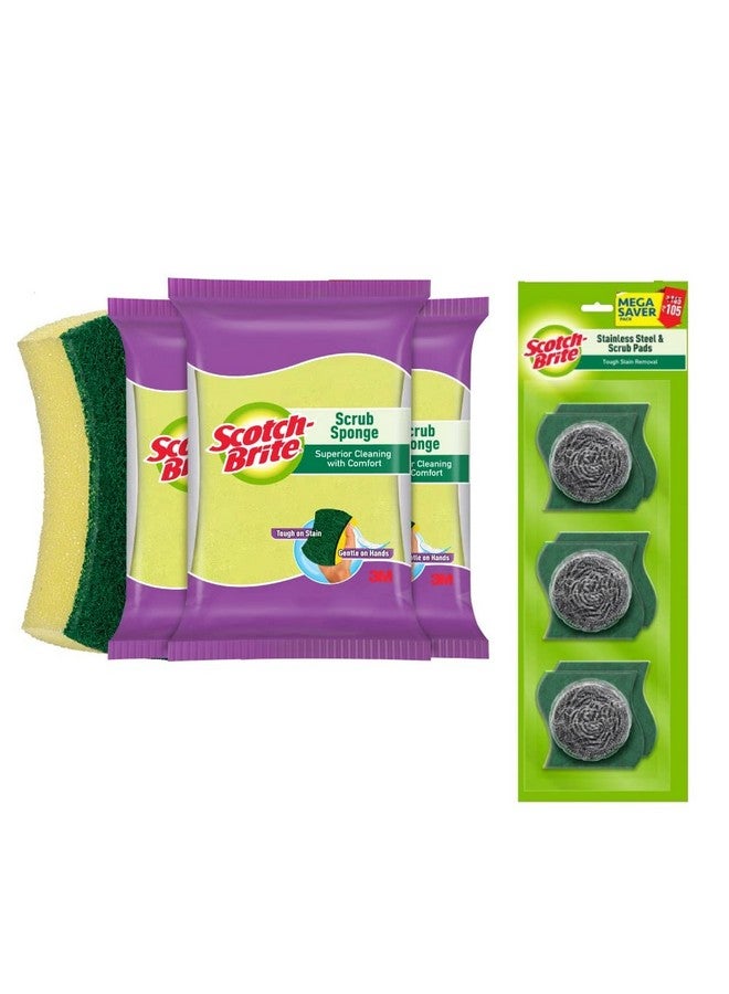 Scotch  Combo Of (Stainless Steel Scrub 3 Pcs And Scrub Sponge Pack Of 3) - Image 1