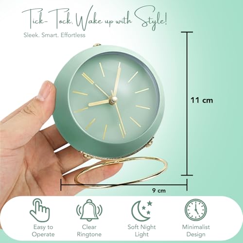 Ekhasa Nostrae by Ekhasa Analog Table Alarm Clock | Green Aesthetic Desk Clock with Night Light & Silent Movement | Vintage Modern Table Clock for Bedroom, Study Table, Office & Home Decor | Battery Operated - Image 3