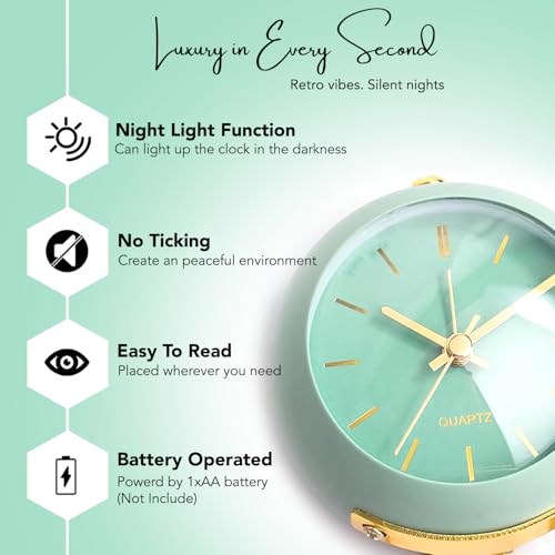 Ekhasa Nostrae by Ekhasa Analog Table Alarm Clock | Green Aesthetic Desk Clock with Night Light & Silent Movement | Vintage Modern Table Clock for Bedroom, Study Table, Office & Home Decor | Battery Operated - Image 4