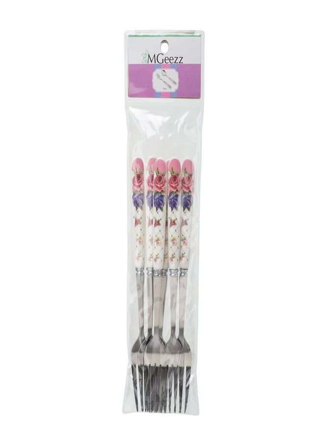 MGeezz Floral Stainless Steel Fork Set with Ceramic Handle for Home Kitchen & Restaurant Cutlery Dinner Table Bouillon Fork Tableware for Noodles, Salad & Fruit Serving (Big Set of 6) - Image 4