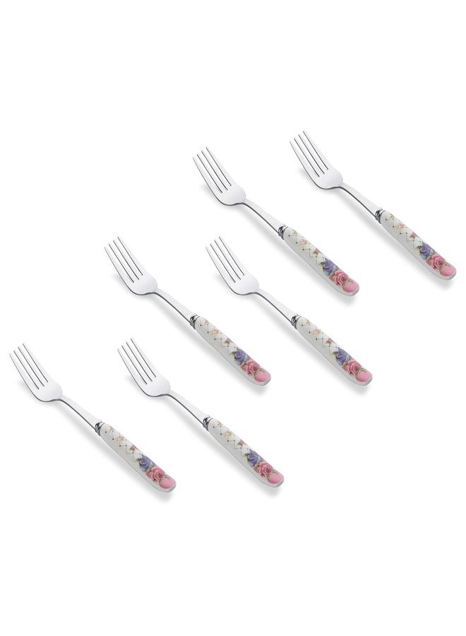 MGeezz Floral Stainless Steel Fork Set with Ceramic Handle for Home Kitchen & Restaurant Cutlery Dinner Table Bouillon Fork Tableware for Noodles, Salad & Fruit Serving (Big Set of 6) - Image 1