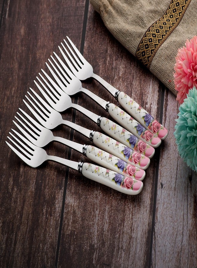 MGeezz Floral Stainless Steel Fork Set with Ceramic Handle for Home Kitchen & Restaurant Cutlery Dinner Table Bouillon Fork Tableware for Noodles, Salad & Fruit Serving (Big Set of 6) - Image 5