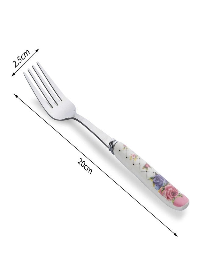 MGeezz Floral Stainless Steel Fork Set with Ceramic Handle for Home Kitchen & Restaurant Cutlery Dinner Table Bouillon Fork Tableware for Noodles, Salad & Fruit Serving (Big Set of 6) - Image 2