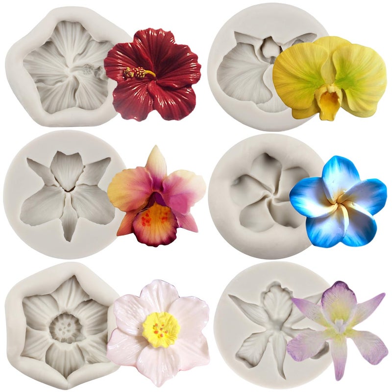 Sijiangmold Flower Blossom Silicone Mold Hibiscus Orchid Flower Fondant Molds Plumeria Flower Candy Mold For Cake Decorating Cupcake Topper Candy Chocolate Gum Paste Set Of 6 - Image 1