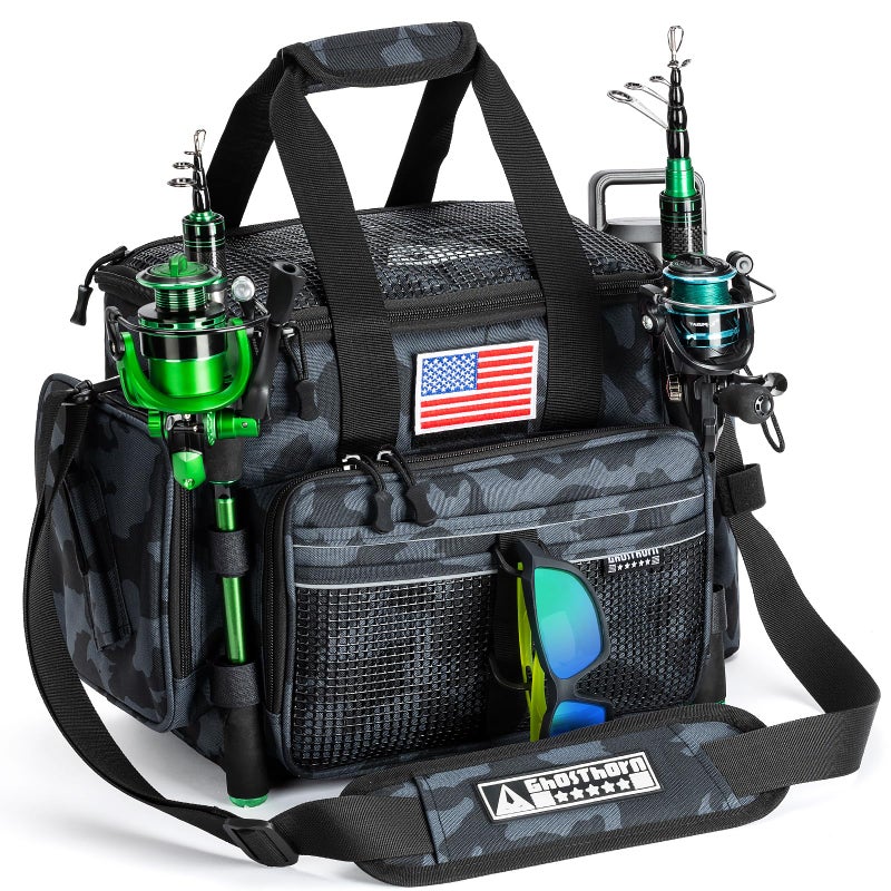 Ghosthorn Fishing Tackle Bag with Rod Holder Saltwater Freshwater Resistant Tackle Box Bag Adjustable Padded Shoulder Strap Black Camouflage - Image 2