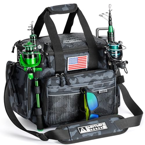 Ghosthorn Fishing Tackle Bag with Rod Holder Saltwater Freshwater Resistant Tackle Box Bag Adjustable Padded Shoulder Strap Black Camouflage - Image 1