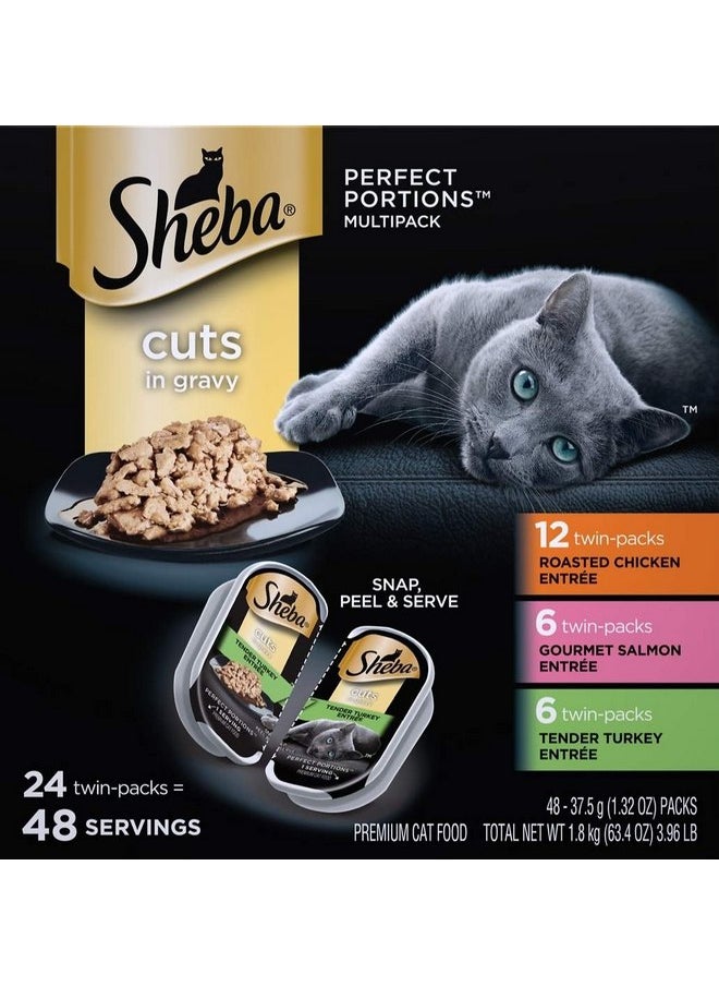 Sheba Sheba Perfect Portions Gravy Roasted Chicken, Gourmet Salmon, Tender Turkey Variety Pack Wet Cat Food, 2.64 oz., Count of 24 