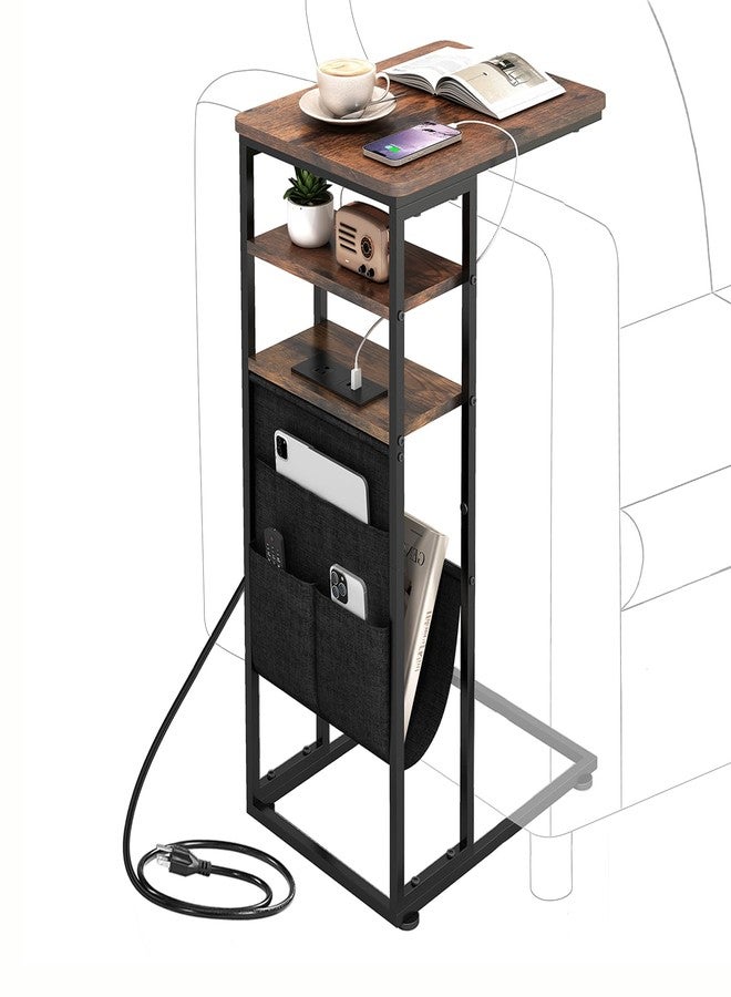 ZEXVIDA C Shaped End Table with Charging Station, 28"(H) 3-Tier C Table with Storage Bag, Under Couch Table C-Shaped End Table with Storage Shelves and Bag for Living Room, Bedroom, or Office - Image 1