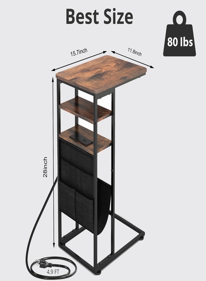 ZEXVIDA C Shaped End Table with Charging Station, 28"(H) 3-Tier C Table with Storage Bag, Under Couch Table C-Shaped End Table with Storage Shelves and Bag for Living Room, Bedroom, or Office - Image 2