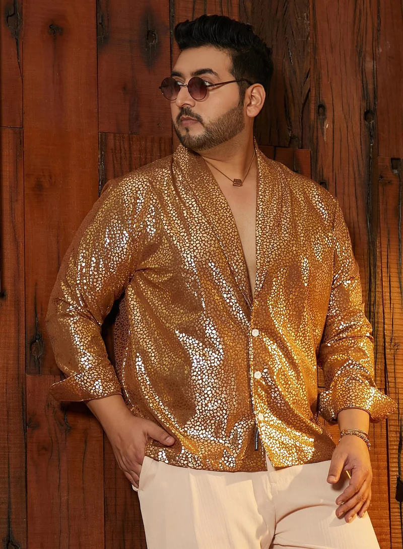 Instafab Plus Instafab Plus Men's Mocha Brown Metallic Shawl Collar Relaxed Shirt For Casual Wear | Shawl Collar | Long Cuffed Sleeves | Button Closure | Plus Size Shirt Crafted With Comfort Fit For Everyday Wear