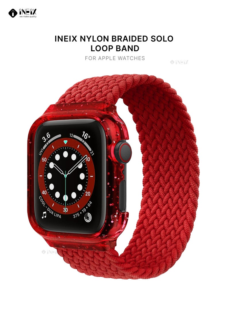 إينيكس سوار ساعة مجدول (مُضفّر) من نايلون قابل للتمدد مع غطاء لامع متوافق مع ساعات ابل 44 ملم (طول حزام 165 ملم ) - احمر - Image 1