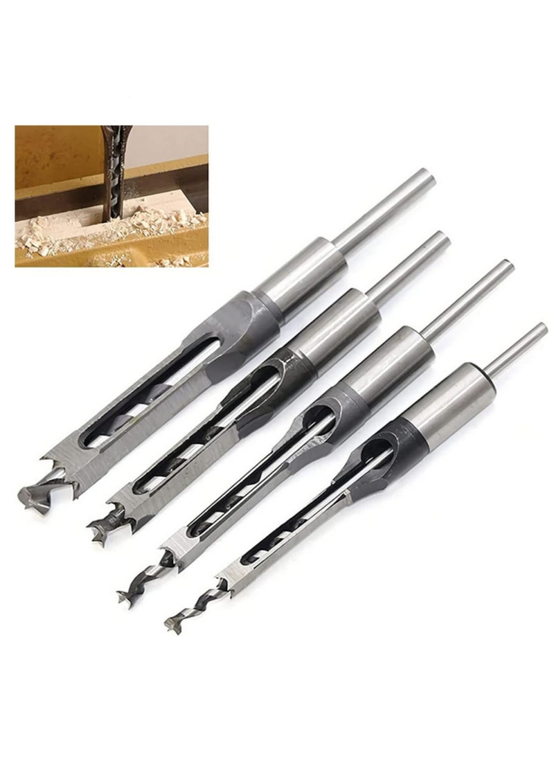 Generic 4Pcs Square Hole Drill Bit Set 6.4/8.0/9.5/12.7mm Carbon Steel Mortising Auger Bits Woodworking Chisel Drilling Tools for Mortise Machine Drill Press DIY Power Tools for Wood Carving  - Image 1