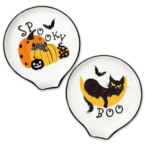 Whaline 2Pcs 47inch Black Cat Ceramic Spoon Rest Spooky Pumpkin Small Coffee Spoon Holder for Halloween Coffee Stirrers Teaspoon Bar Spoon Coffee Station Bar Accessories