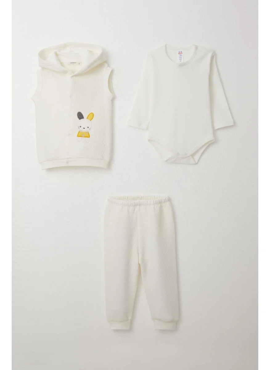 Breeze Baby Boy Bodysuit 3 Piece Set Bunny Embroidered Hooded 4 Months-1 Years, Ecru