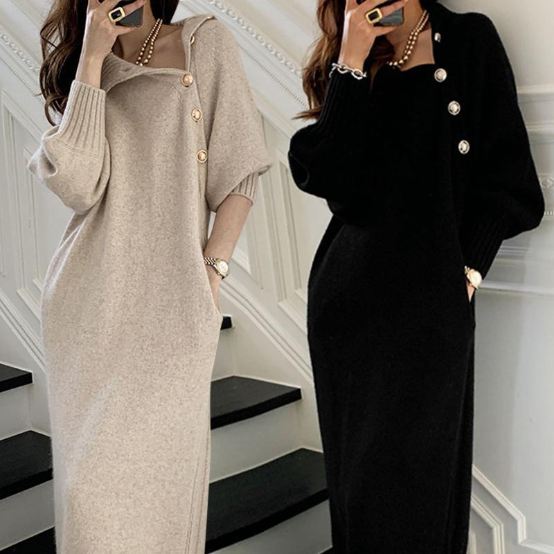 Autumn and Winter Matching Coat Mid-length Elegant Light Luxury Design Sense Skirt French Knee-length Sweater All-match Knitted dress Khaki - Image 3