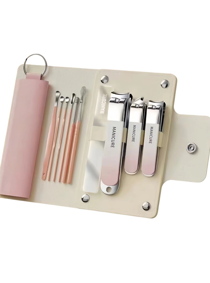 Nail Clipper Grooming Set 10 Pieces - Stainless Steel Manicure Kit - Gradient Pink