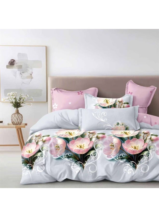طقم مفروشات فاخر بحجم كينج مكون من 6 قطع - تصميم بسيط، غطاء لحاف 220×240 سم مع شرشف مطاطي و4 أغطية وسائد