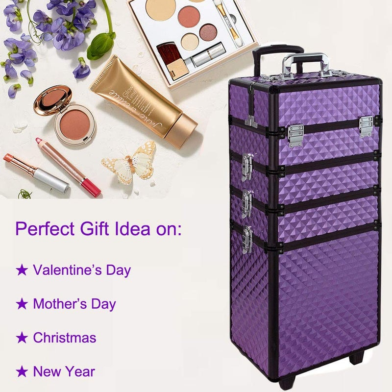 Warmiehomy Warmiehomy 4 in 1 Aluminum Professional Makeup Trolley Vanity Case for Artists Beautician Extra Large Travel Jewellery Box Train Case w/ 2 Wheels (Diamond Purple)  - Image 2
