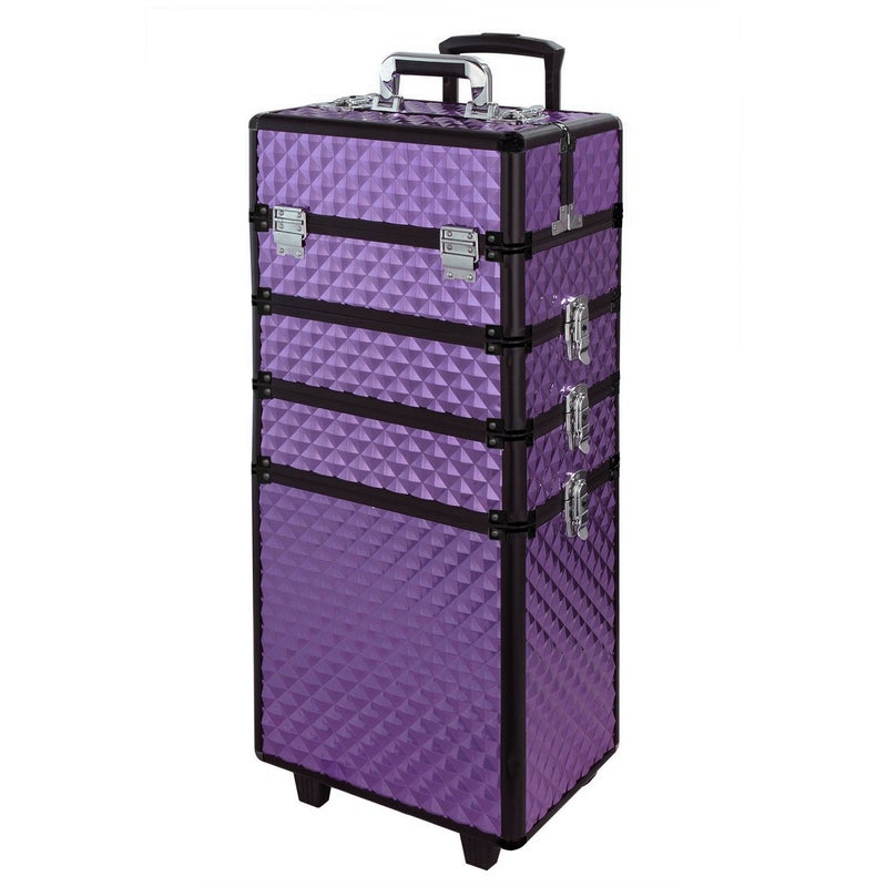 Warmiehomy Warmiehomy 4 in 1 Aluminum Professional Makeup Trolley Vanity Case for Artists Beautician Extra Large Travel Jewellery Box Train Case w/ 2 Wheels (Diamond Purple)  - Image 1