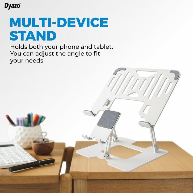Dyazo 2 in 1 Adjustable Laptop Stand with Mobile Holder | Ergonomic, Foldable & Ventilated Riser Fits Upto 15.6 Inch Laptops | Compatible for MacBook, HP, Dell, Acer, Lenovo & Other Notebooks - Image 2