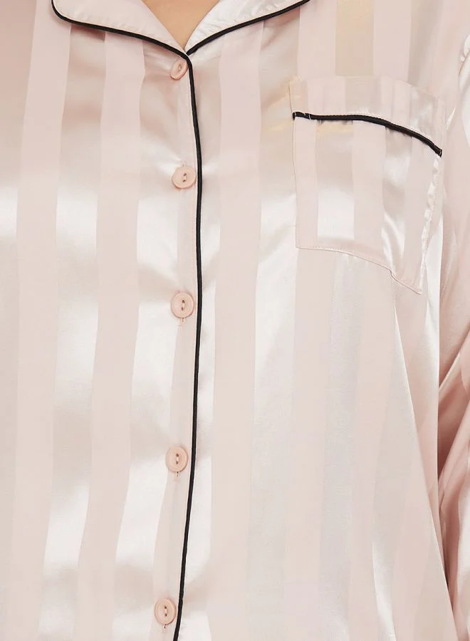 Styli Plus Satin Stripe Shirt & Straight Trouser Pyjama Set